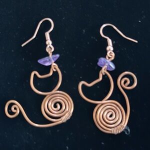 Fun Handmade Copper Cat Earrings with a Purple Stone
